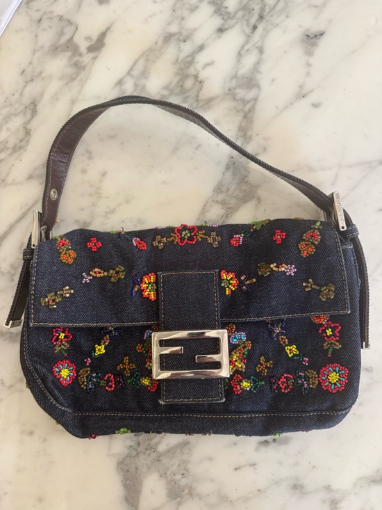 Fendi Handbags - Fendi Denim Mini Baguette with Multicolor Beaded Floral Embroidery